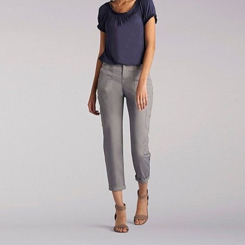 Lee Relaxed Fit Crop Capri Pants Womens 12 Frost Grey Cargo Pockets Stretch NEW